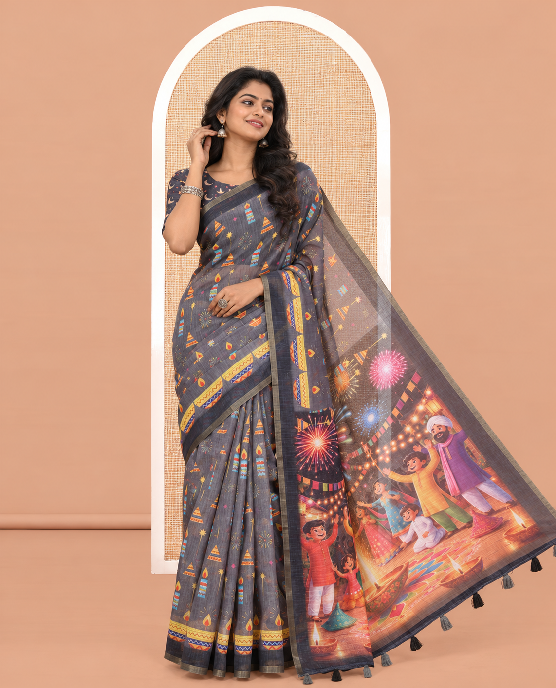 Grey Diwali-Style Printed Linen Cotton Saree
