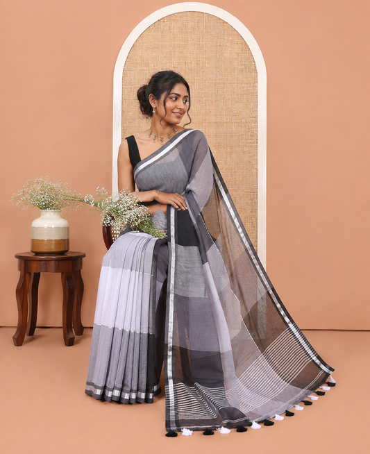 Grey Big Checked Khadi Mul Cotton Saree, a Piping Border, Striped Pallu, and No Blouse