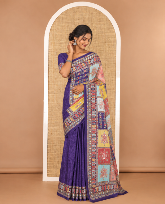Dark violet half-&-half style geometric print & mirror embroidery masakali saree,self-border & pallu of print & mirror work,plain blouse