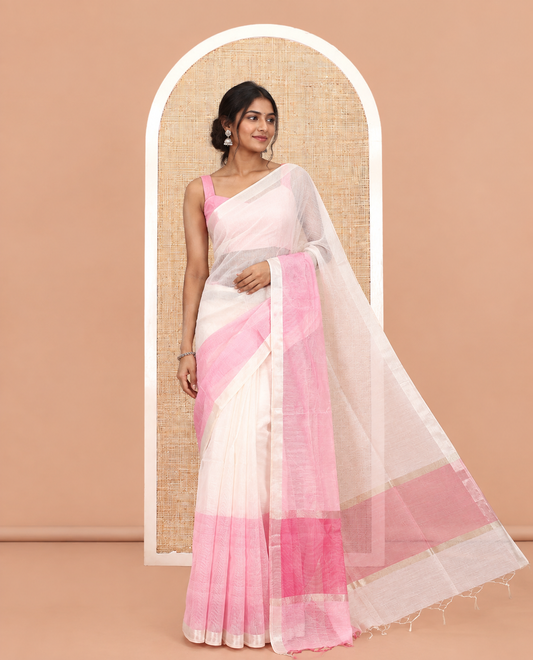Cream Plain Nuni Cotton Saree, a Contrast Zari Border, Plain Pallu, and Contrast Blouse