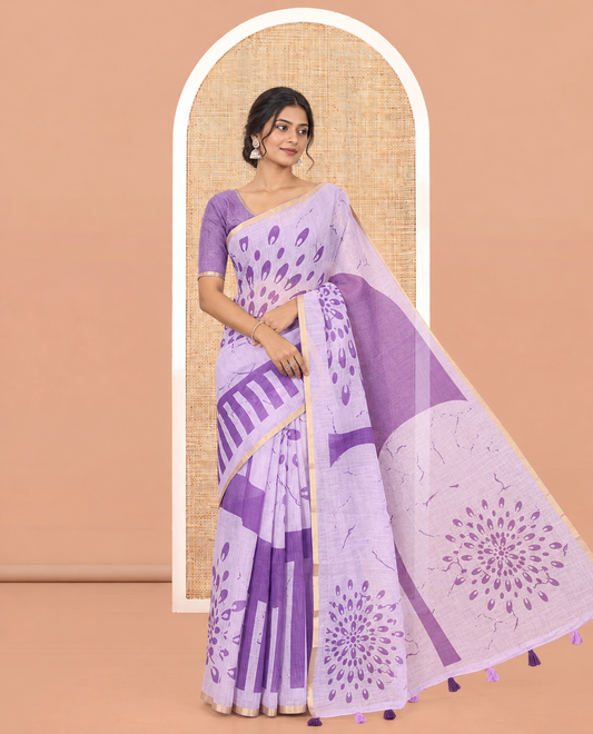 Borderless Violet Linen Cotton Saree, Geometric-Abstract Print and Contrast Blouse