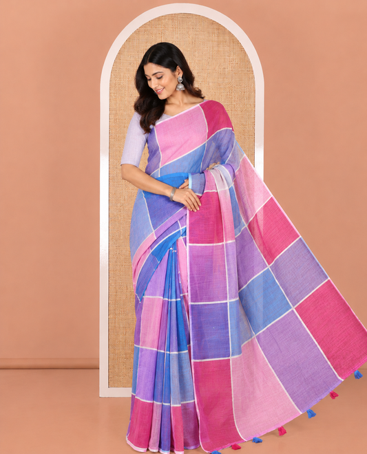 Borderless Multi-color Linen Cotton Saree, Entralled with Big Colorful Solid Checks On Its Body, Self-Pallu of Tassels, and Paired with a Contrast Plain Blouse
