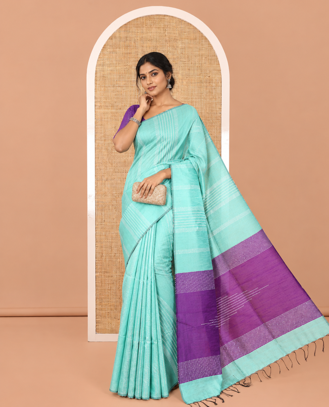Borderless Teal Green Semi-Raw Silk Saree, Decorated with Sequined Stripes, a Contrast Zari Striped Pallu, and Contrast Blouse
