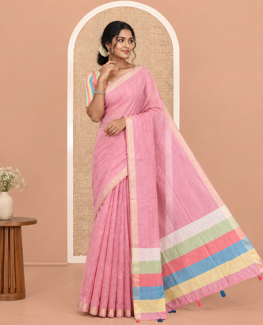 Pink Plain Semi-Tussar Saree, a Zari Border, Multi-Colored Striped Pallu, and a Contrast Blouse