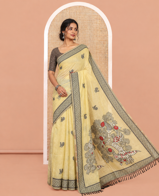 Lime Green Chanderi Cotton Saree, Woven with Peacock Thread Buttas, a Thread Diamond-Patterned Border, a Peacock Pallu, a Contrast Blouse