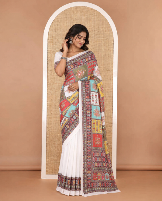 White half-&-half style geometric print & mirror embroidery masakali saree,self-border & pallu of print & mirror work,plain blouse