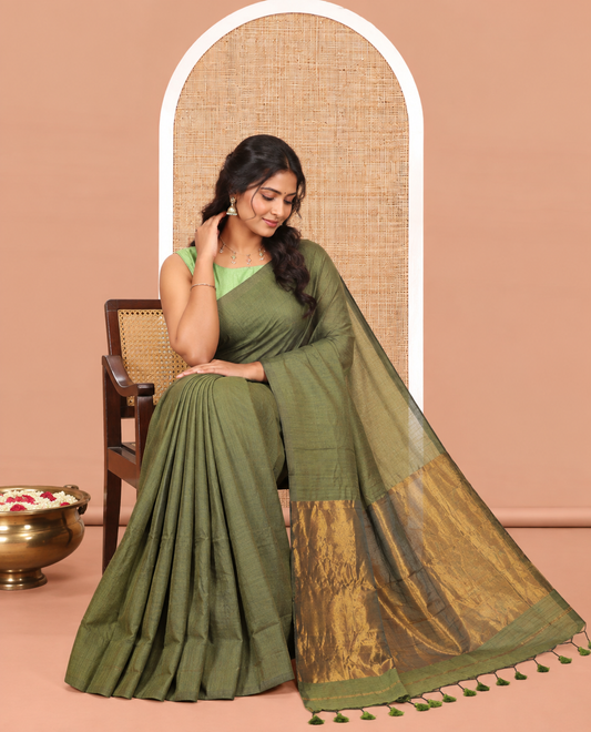 Borderless Green Plain Khadi Cotton Saree