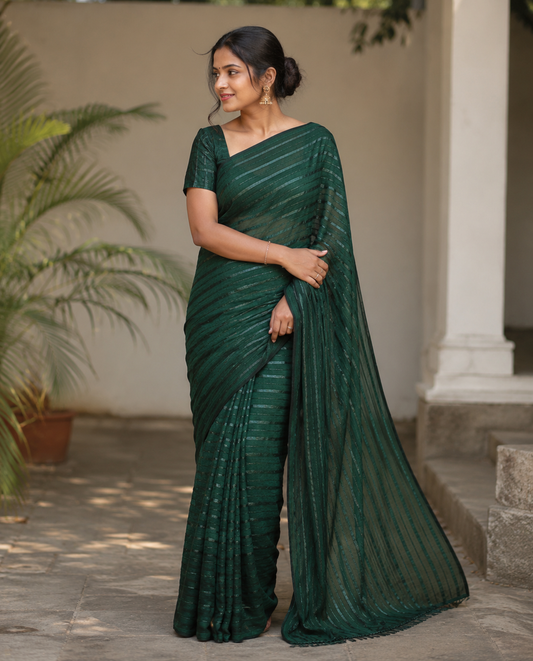 Borderless Dark Green Vichitra Silk Saree, Decorated with Horizontal Stripes and Sequin Stripes, Paired with a Matching Blouse
