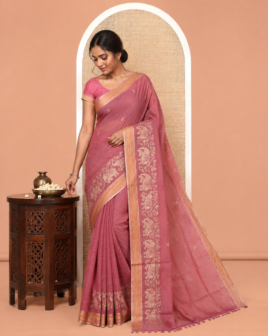 Pink Chanderi Cotton Saree Features Floral-Elephant Embroidery, a Contrast Border, and a Matching Blouse