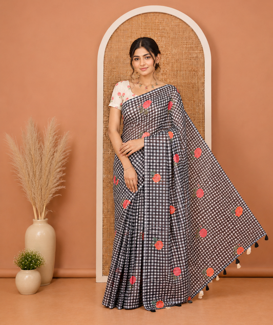 Borderless Black Linen Cotton Saree, Adorned with Checked Design and Rose Motifs on Its Body, a Self-Pallu, and Paired with a Contrast Blouse