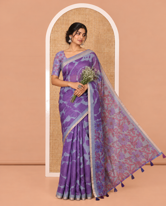 Violet Linen Cotton Saree, Adorned with Shibori Prints on Its Body, Subtle Contrast Piping Border, Pallu of Floral Print, and Paired with a Matching Blouse