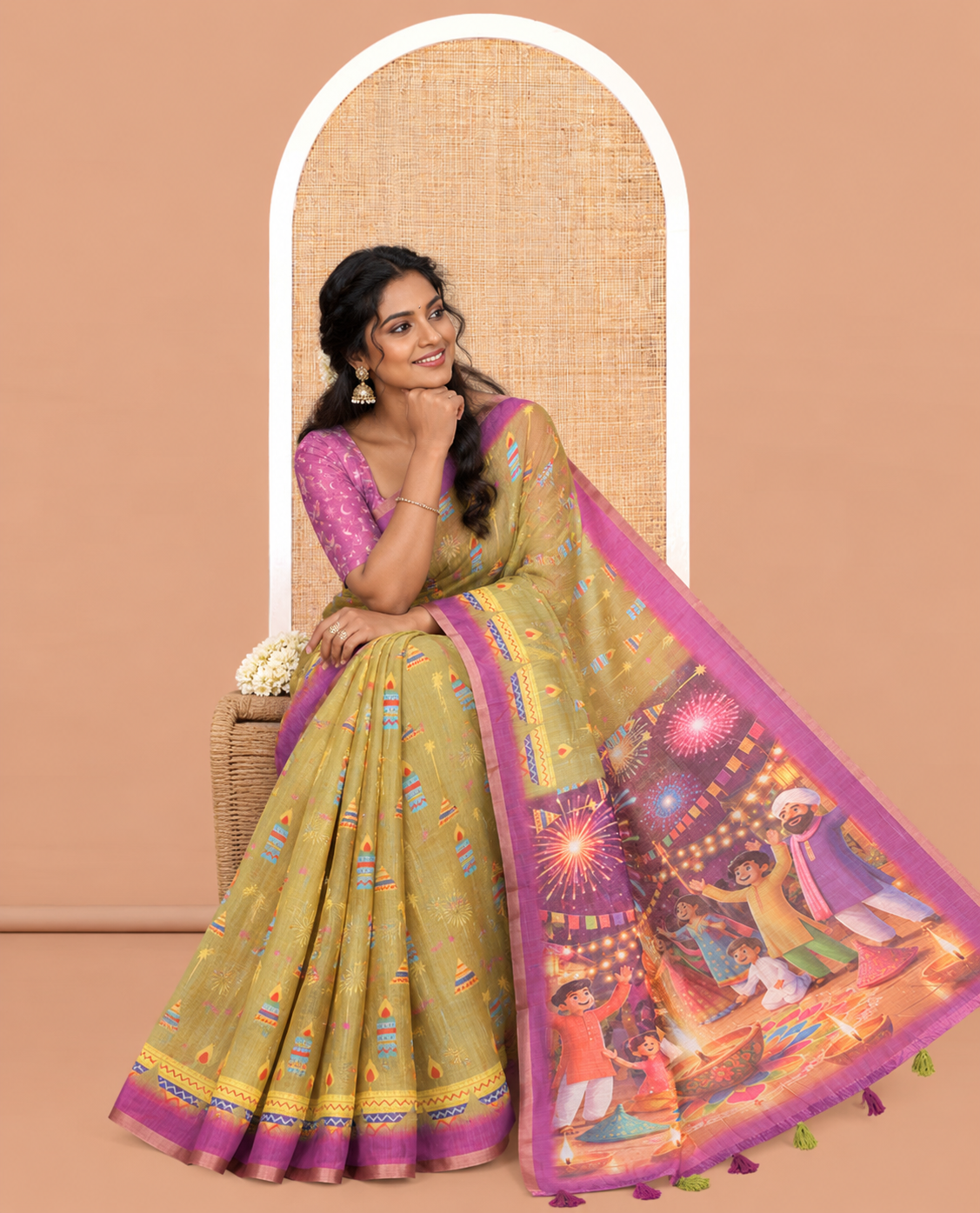 Green Diwali-Style Printed Linen Cotton Saree