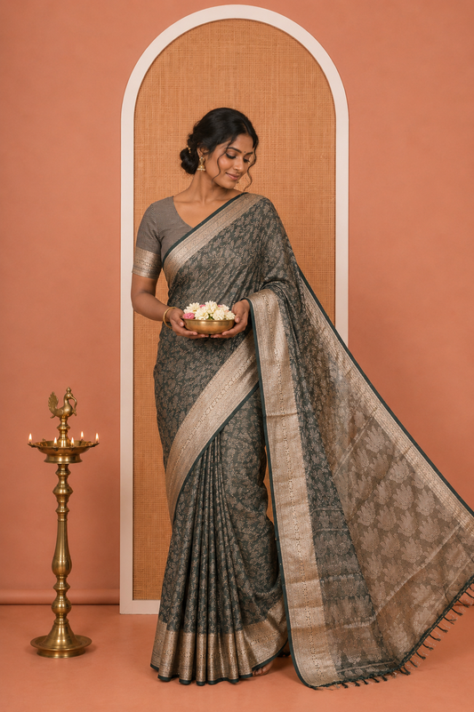 Green Chiffon Saree, Adorned with Floral Vine and Stonework, a Traditional Border, Pallu Steeped with Floral Designs, and a Matching Blouse