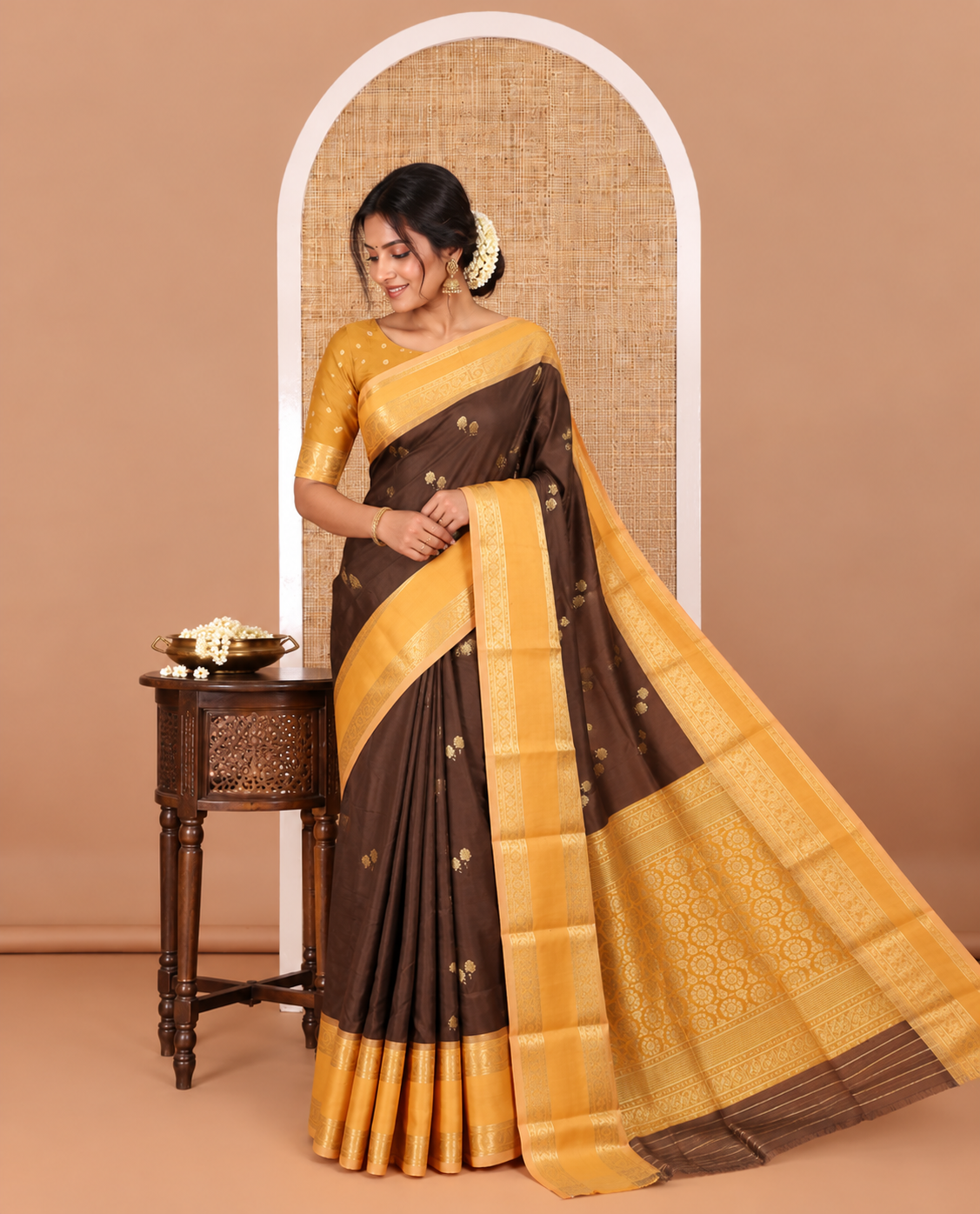 Brown buttas soft silk saree , contrast peacock and mango zari weaving border , contrast weaving rich pallu and contrast Blouse