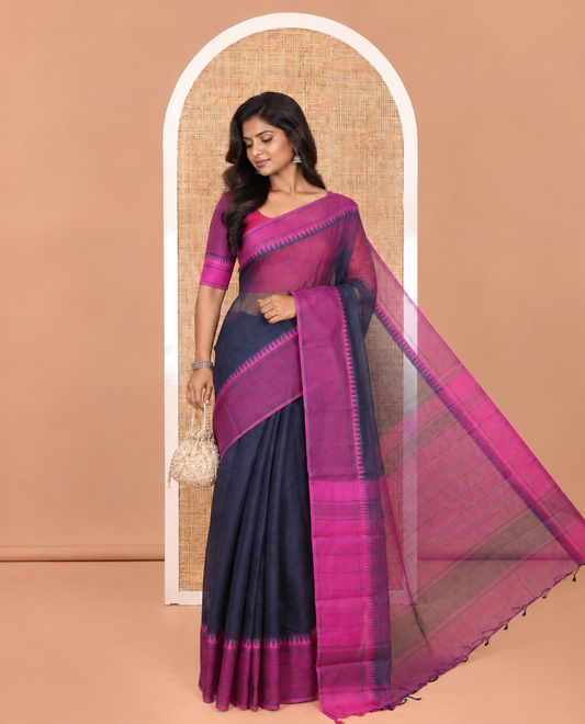 Navy Blue Kota Chex Saree with Sparse Checks, Complemented by a Contrast Temple Border, Striped Pallu, and a Contrast Blouse