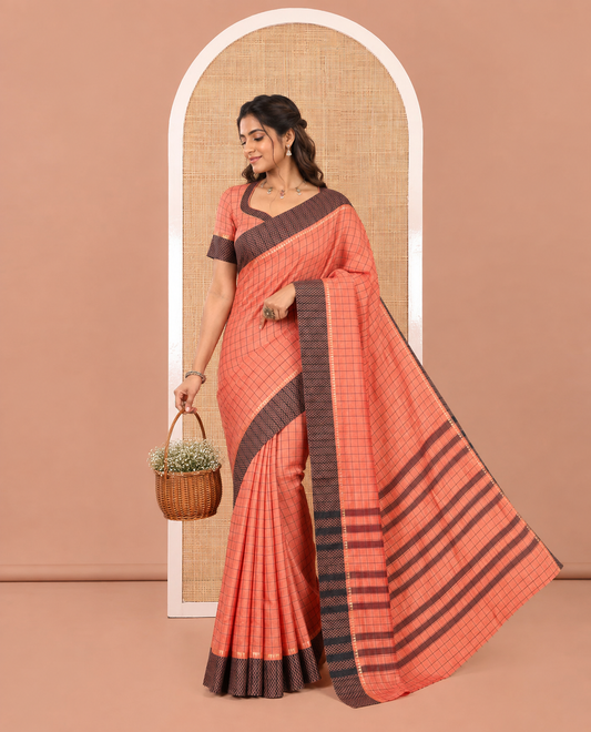 Pink Checked Mercerised Cotton Saree, Contrast Temple Ara Maadam Border, Striped Pallu, and Matching Blouse