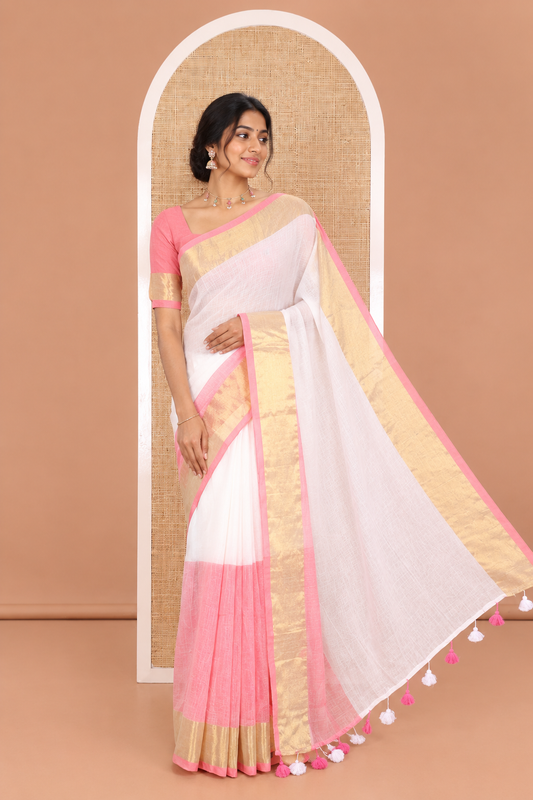 Cream and Pink Plain Khadi Mul Cotton Saree Features a Gleaming Zari Bavanji Border, and a Contrast Pink Plain Blouse