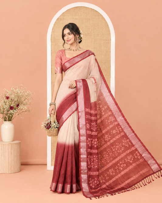 Chikku and Maroon Linen Cotton Saree, Subtly Designed with Half-And-Half-Style Dual-Color Dye on Its Body, Complemented by a Contrast Bavanji Border, Pallu of Batik Print, and Paired with a Contrast Blouse
