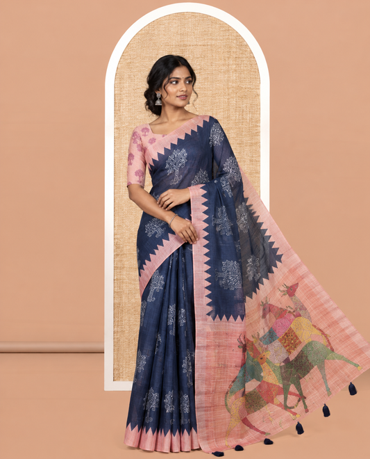 Grey Linen Cotton Saree Features Tree Motifs, Contrast Temple Border, Animal Motif Pallu, Contrast Blouse