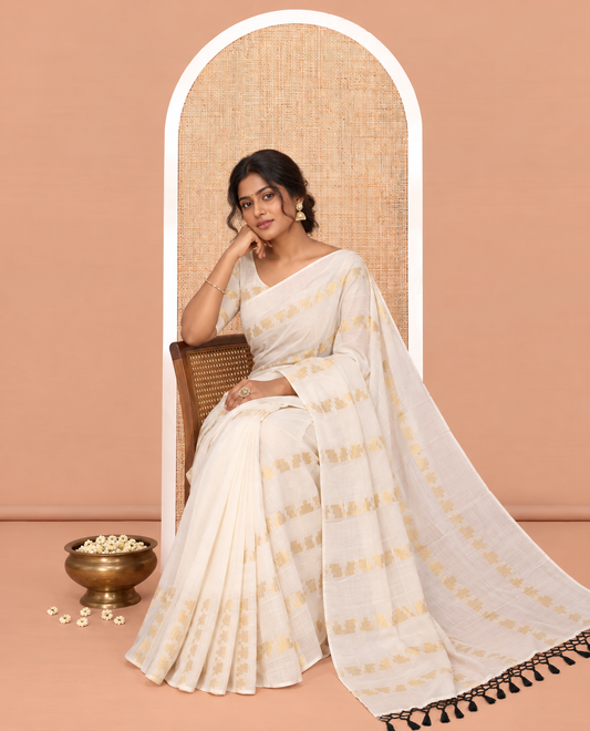 Borderless Cream Kerala Cotton Saree, Steeped with Temple Buttas, and a Matching Blouse