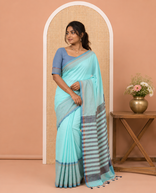 Sea Green Plain Khadi Cotton Saree, Contrast Satin Striped Border, Striped Pallu, and a Contrast Blouse