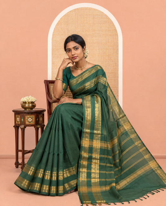Dark Green Plain Chettinad Cotton Saree, Highlighted by a Rettai Pettu Traditional Border, a Matching Blouse