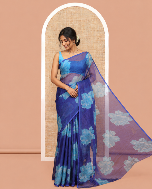Borderless Royal Blue Rangoli Chiffon Saree