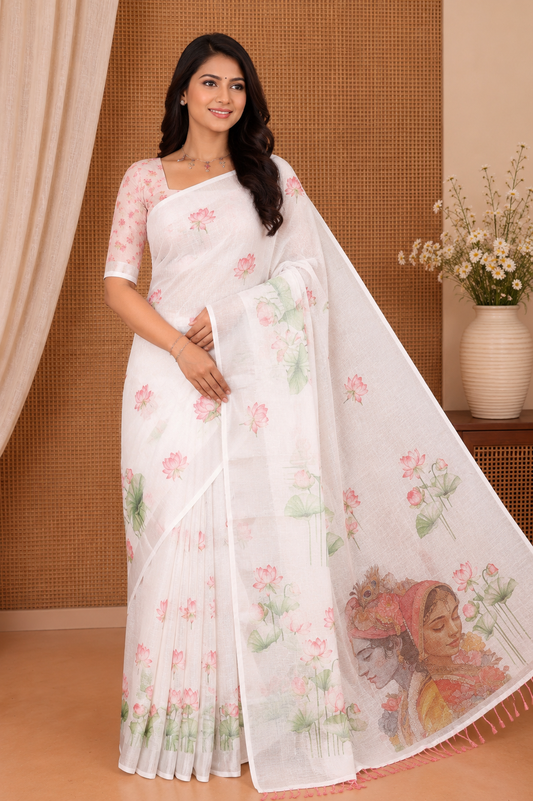 White-Yellow Linen Cotton Saree, Prettified with Sunflower Print, a Contrast Border, and a Contrast Blouse