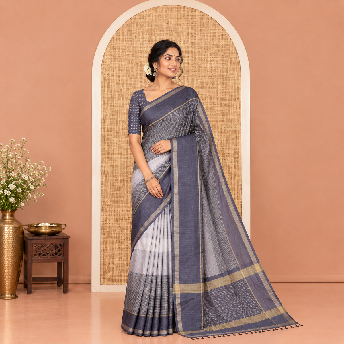 Grey Katan Silk Saree, Adorned with 3d-Style Print and Dotted-Style on Its Body, Complemented by Contrast Border, Pallu Steeped with Buttas, and Paired with a Contrast Blouse
