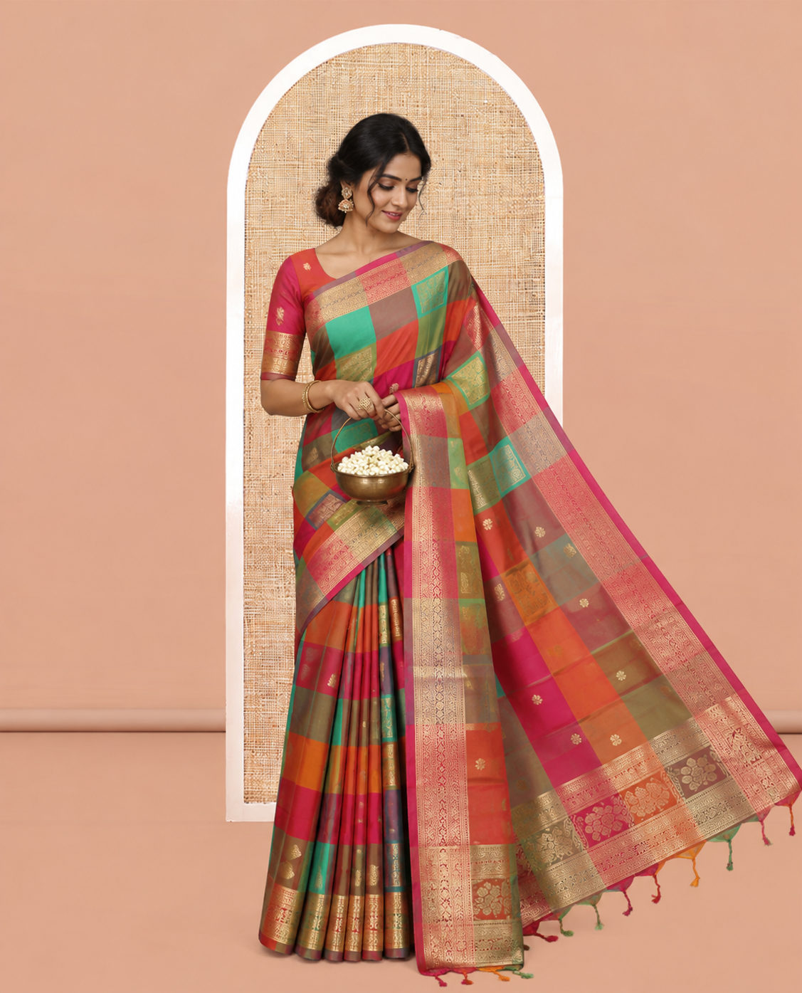 Multi-Color Palum Pazhamum Checked Fancy Soft Silk Saree, Elevated with Zari Buttas, a Zari Border, Rich Pallu, a Matching Blouse