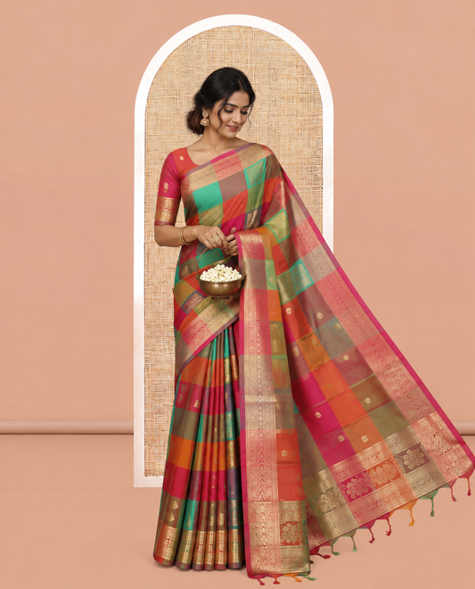 Multi-Color Palum Pazhamum Checked Fancy Soft Silk Saree, Elevated with Zari Buttas, a Zari Border, Rich Pallu, a Matching Blouse