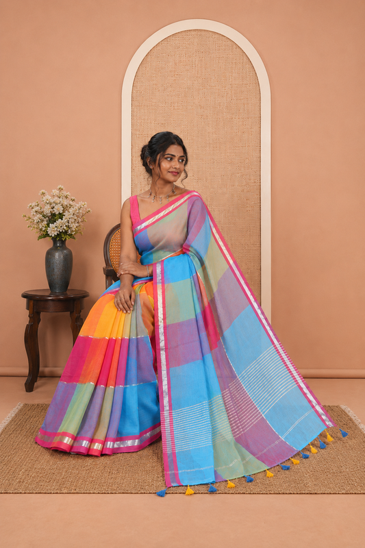 Rama Big Checked Khadi Mul Cotton Saree, a Piping Border, Striped Pallu, and No Blouse