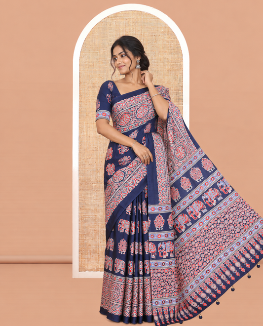 Navy Blue Satin Crepe Saree, Adorned with Ajrakh and Elephant Print, Intricately Printed Border, a Matching Blouse