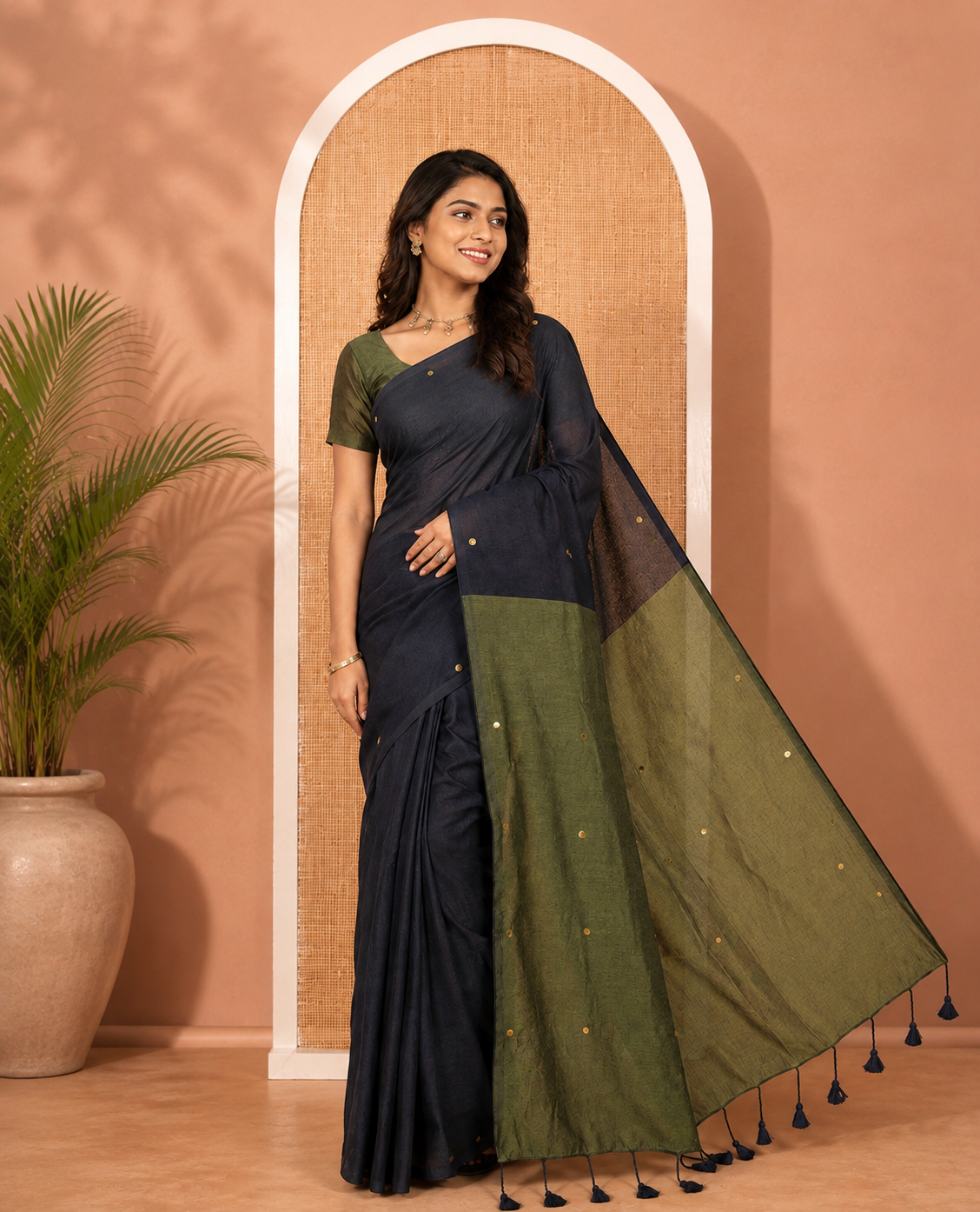 Borderless Navy Blue Khadi Mul Cotton Saree, Adorned with Sequins Work All Over Its Body, Complemented by Contrast Pallu of Sequins Work and Paired with a Contrast Blouse