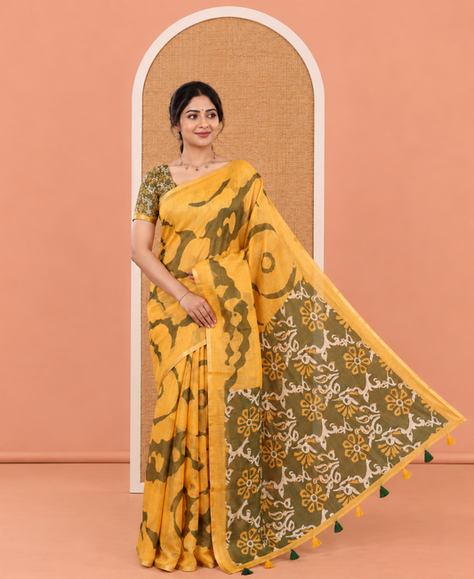 Mustard Linen Cotton Saree, Adorned with Shibori Print, Gold Piping Border, Contrast Floral Printed Pallu, and Contrast Floral Printed Blouse