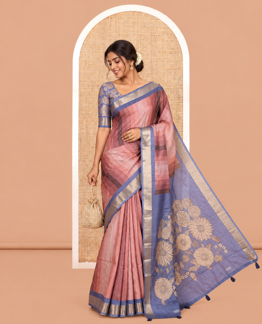 Rose Gold Lavender Striped Art Tussar Saree, a Contrast Zari Border, Floral Printed Pallu, and a Contrast Blouse