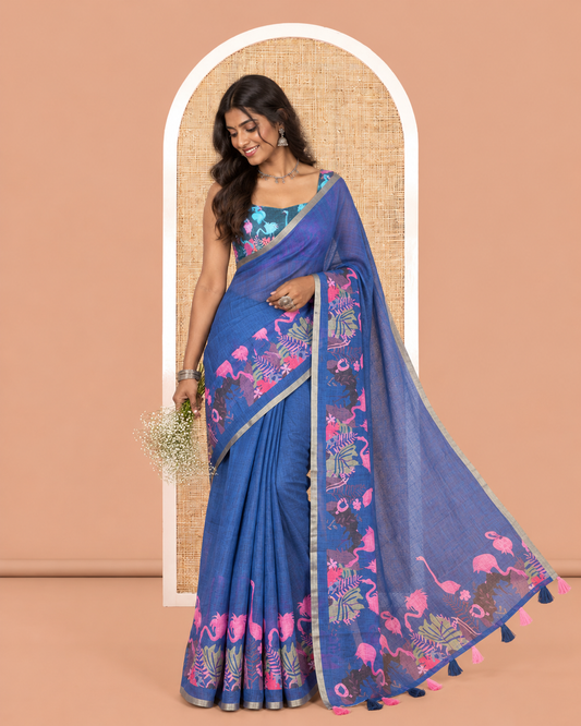 Blue Plain Linen Cotton Saree