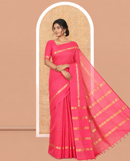 Pink Chettinad Cotton Saree, Delicately Woven with Checks, a Kaal Eragina Border, Striped Pallu, a Matching Blouse