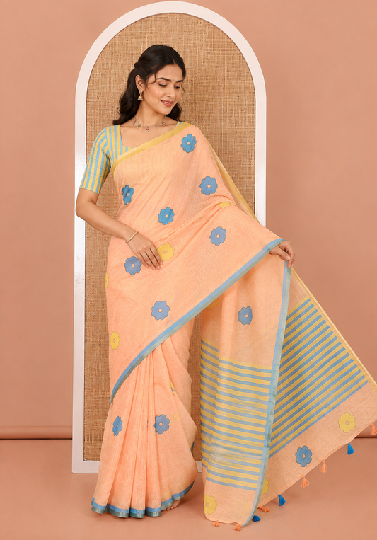 Orange Linen Cotton Saree, Beautified with Flower Buttas, a Contrast Border, Multi-Color Striped Pallu, and a Contrast Blouse