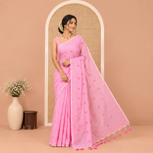Borderless Dusky Pink Khadi Mul Cotton Saree, Delicately Woven with Heart Motifs Embroidered All Over Its Body, a Self-Pallu, and Matching Blouse