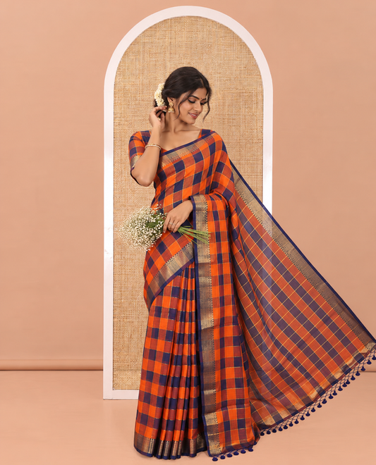 Rust Checked Khadi Mul Cotton Saree, Highlighted by Zari Traditional Border, Zari Checked Pallu, and Paired with a Matching Blouse