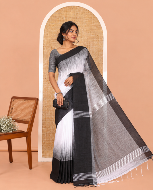 White Ikkat Weave Khadi Linen Saree, Complemented by a Contrast Border, and a Contrast Blouse