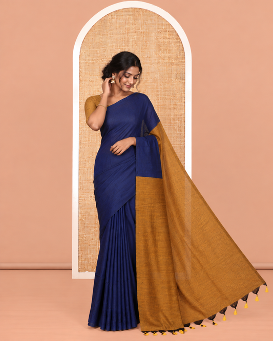Borderless Royal Blue-Mustard Plain Design Khadi Cotton Saree