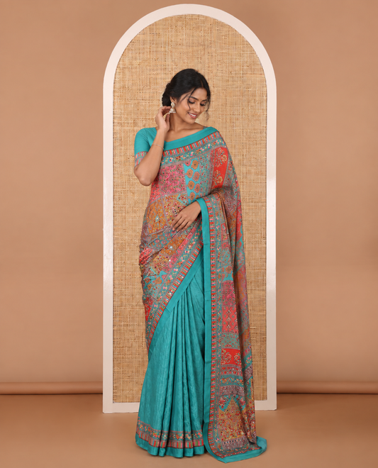 Multi-color geometric printed, mirror work masakali saree with printed, mirror work border & printed pallu along with plain blouse