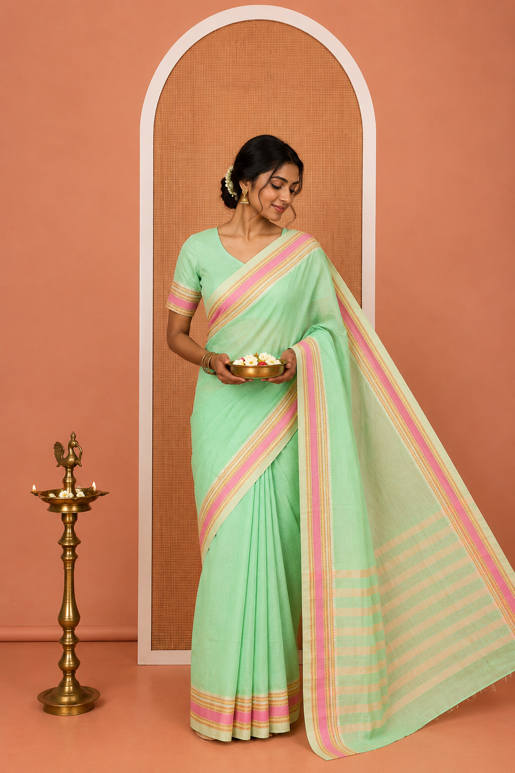 Parrot Green Plain Mercerised Cotton Saree, Complemented by Contrast Traditional Border, Striped Pallu, and a Matching Blouse