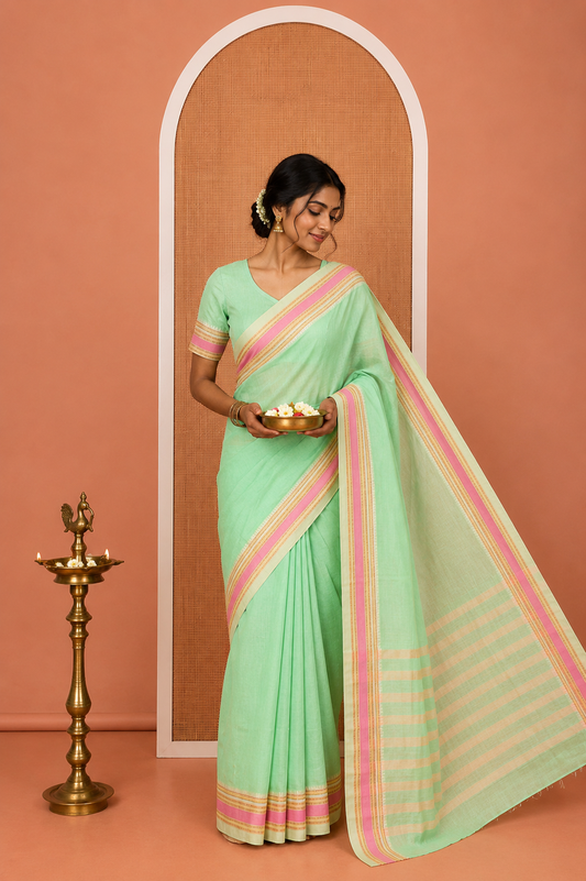 Parrot Green Plain Mercerised Cotton Saree, Complemented by Contrast Traditional Border, Striped Pallu, and a Matching Blouse