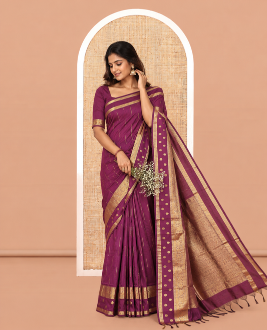Wine Kalyani Cotton Saree, Delicately Woven with Buttas, a Traditional Zari Border, Grand Pallu, and a Matching Blouse