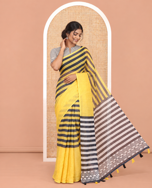 Borderless Yellow Linen Cotton Saree, Embellished with Stripes, a Self-Pallu of Stripes, and a Contrast Blouse