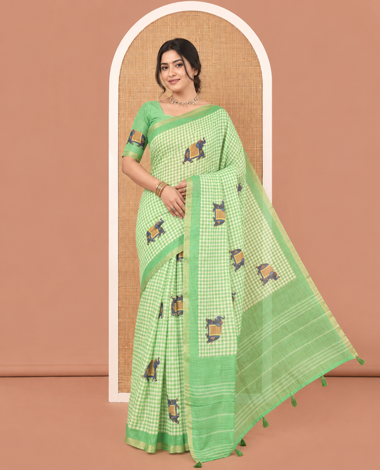 Green Linen Cotton Saree, Decked Up with Micro-Checks and Elephant Motifs on Its Body, Complemented by a Contrast Border, Striped Pallu, and Paired with a Contrast Elephant Motifs Printed Blouse