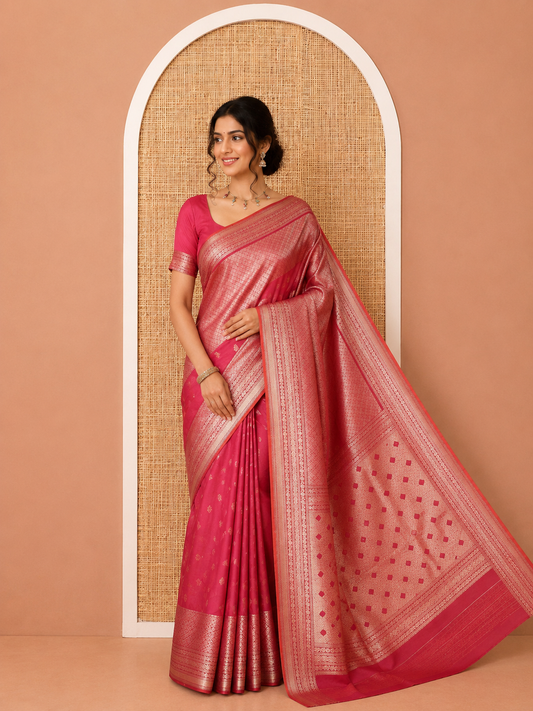 Rani Pink Elite Soft Silk Saree, Enriched with Jacquard, Buttas, Traditional Border, Grand Pallu and Matching Blouse